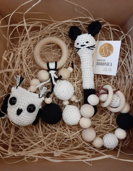  Lalu grabuļu komplekts - graužam riņķis, pūcīte kareklītī un grabulis pele bērniem.  Rotaļlietas pašiem mazākajiem. Zobgrauži. 