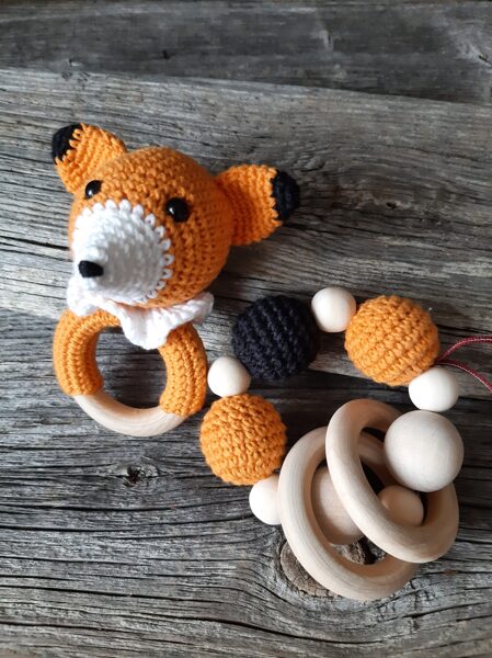 Lalu grabuļu komplekts "Lapsiņa". Graužamriņķis un grabulis lapsiņa bērniem, jaundzimušajiem, mazuļiem. Pirmās rotaļlietas.  