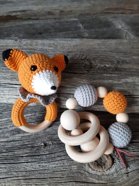 Lalu grabuļu komplekts "Lapsiņa". Graužamriņķis un grabulis lapsiņa bērniem, jaundzimušajiem, mazuļiem. Pirmās rotaļlietas.  