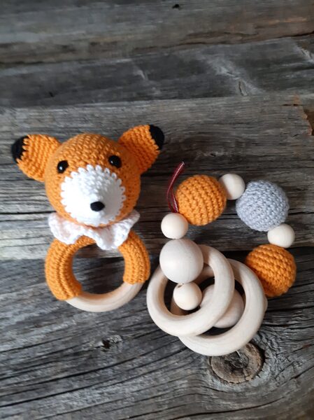 Lalu grabuļu komplekts "Lapsiņa". Graužamriņķis un grabulis lapsiņa bērniem, jaundzimušajiem, mazuļiem. Pirmās rotaļlietas.  