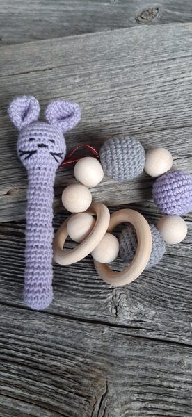 LaLu grabulīšu komplekts ar grabulīti peli un graužamriņķi. Prieks un rotaļas mazulim. Pirmās rotaļlietas. 