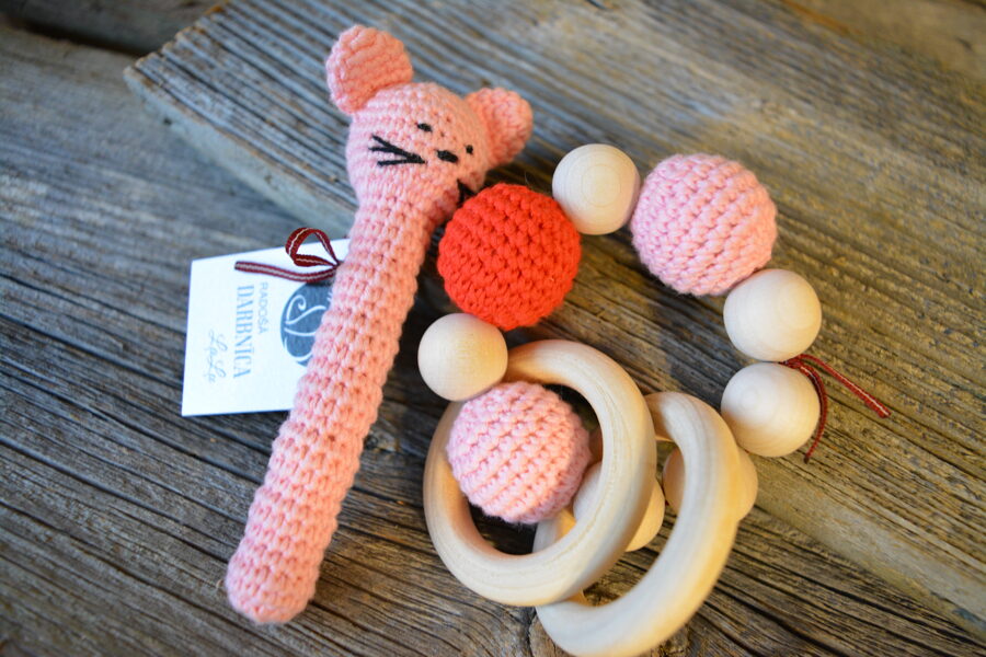 LaLu grabulīšu komplekts ar grabuli peli un graužamriņķi. Prieks un rotaļas mazulim. Pirmās rotaļlietas. 